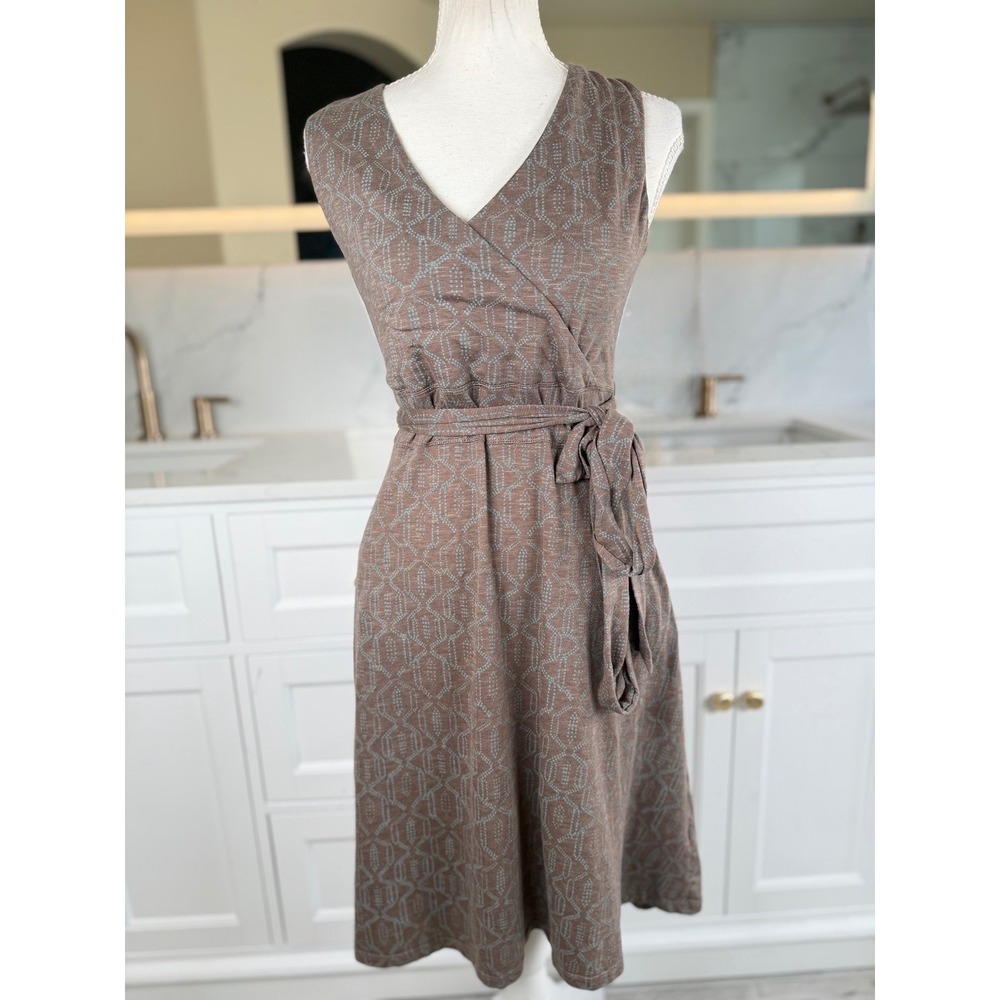 Toad&Co Wrap Dress Women M Brown Blue Geometric V Neck Tie Waist Sleeveless Midi
